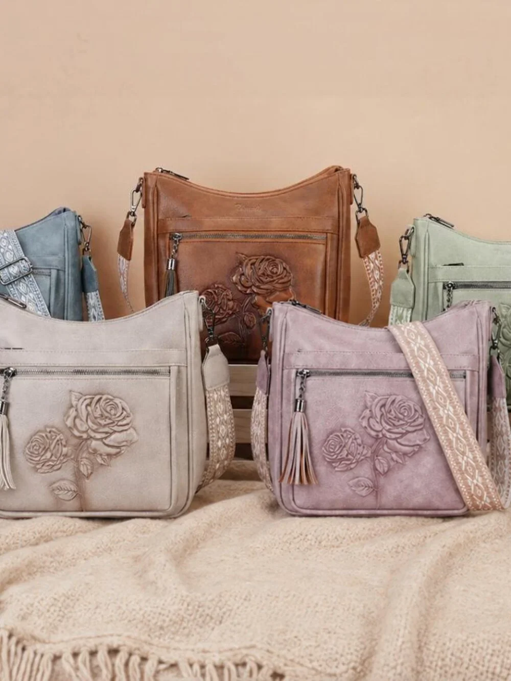 Embossed Vegan Leather Hobo Crossbody Bag with Pockets